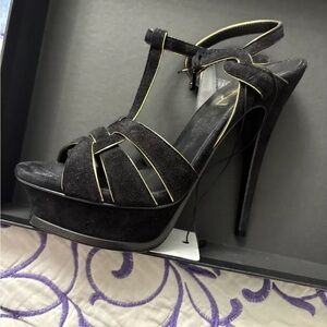 SAINT LAURENT YSL Size 7 TRIBUTE Gold/Black Platform Heels Sandals Shoes 37